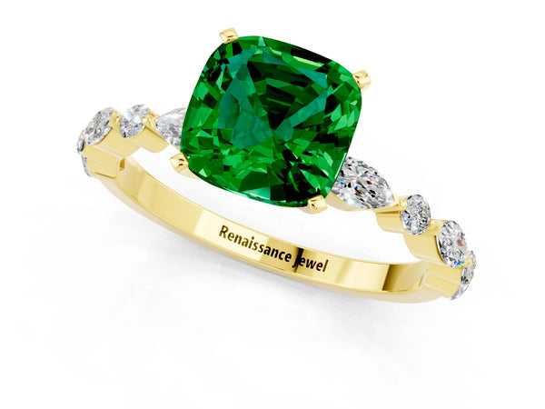 Yellow gold Cushion Cut Emerald Ring with Marquise and Round  Side Stones and Four-Prong Setting