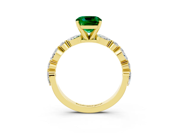 Yellow gold Cushion Cut Emerald Ring with Marquise and Round  Side Stones and Four-Prong Setting