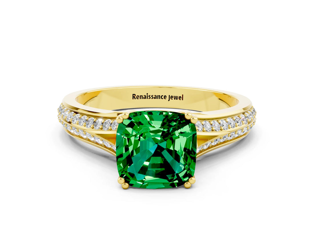 Yellow gold Cushion Cut Emerald Split Shank Engagement Ring with Pavé Band