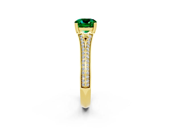 Yellow gold Cushion Cut Emerald Split Shank Engagement Ring with Pavé Band