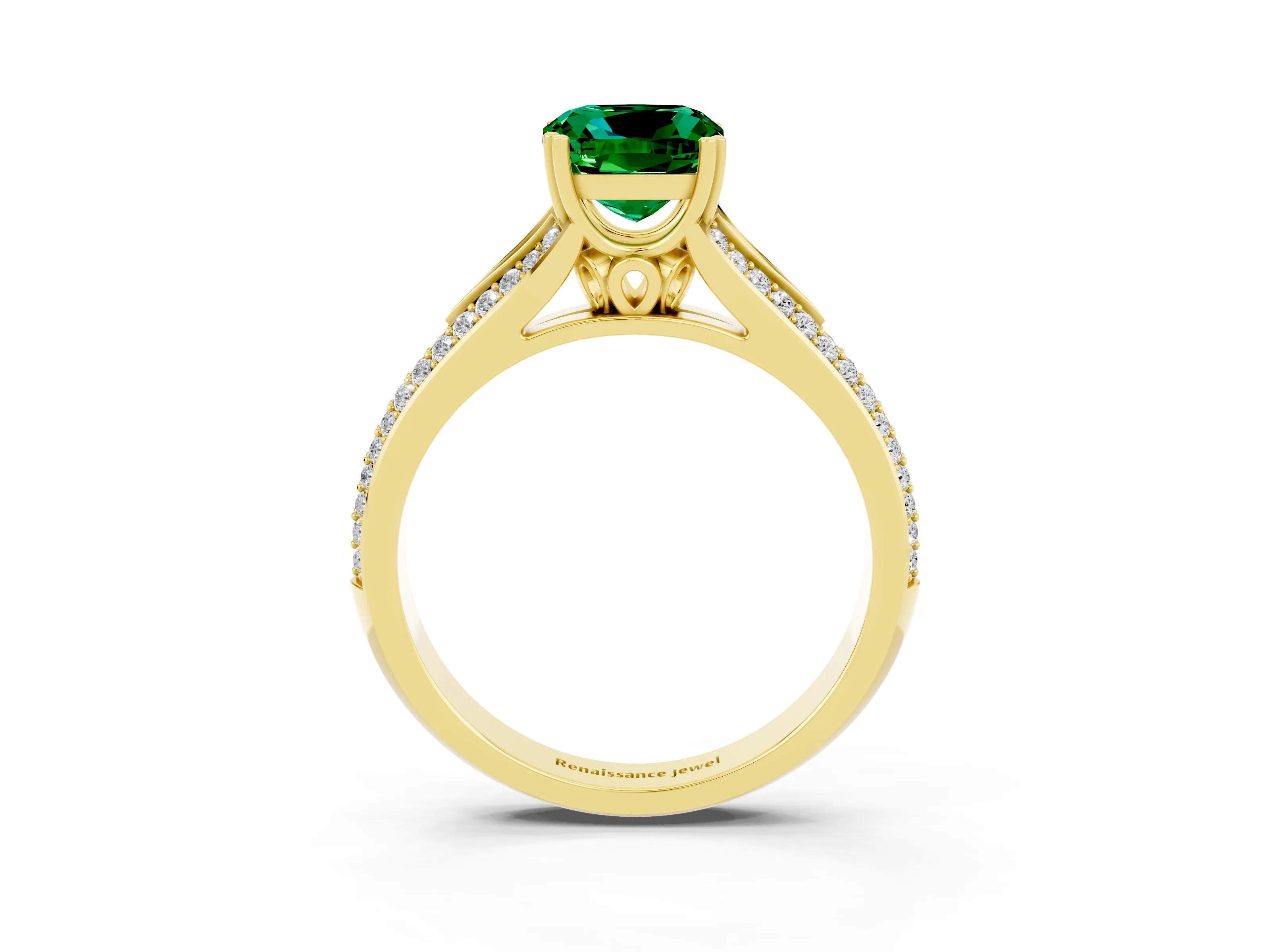 Yellow gold Cushion Cut Emerald Split Shank Engagement Ring with Pavé Band_3