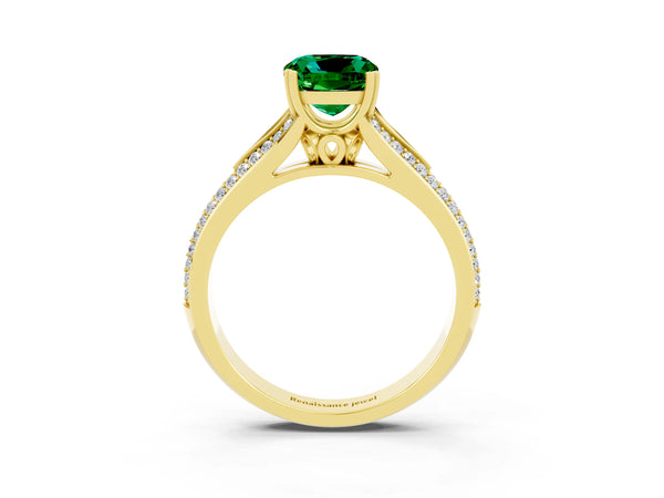 Yellow gold Cushion Cut Emerald Split Shank Engagement Ring with Pavé Band