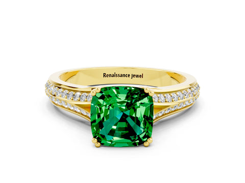 Yellow gold Cushion Cut Emerald Split Shank Engagement Ring with Pavé Band