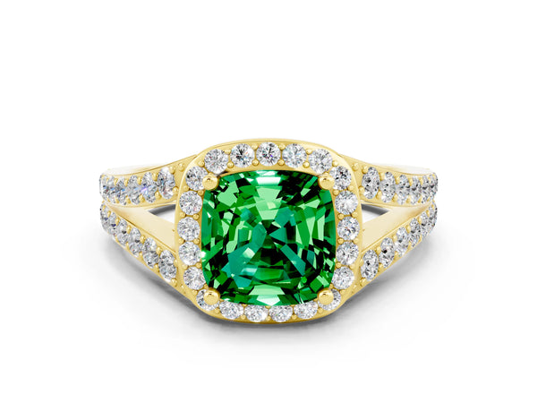 Yellow gold Cushion Cut Emerald Split Shank Halo Ring with Four-Prong Setting