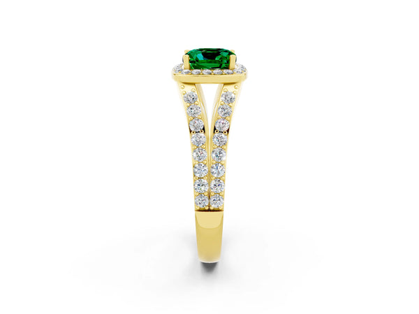 Yellow gold Cushion Cut Emerald Split Shank Halo Ring with Four-Prong Setting