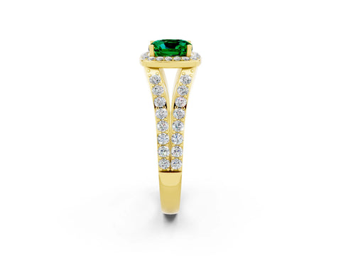 Yellow gold Cushion Cut Emerald Split Shank Halo Ring with Four-Prong Setting_14