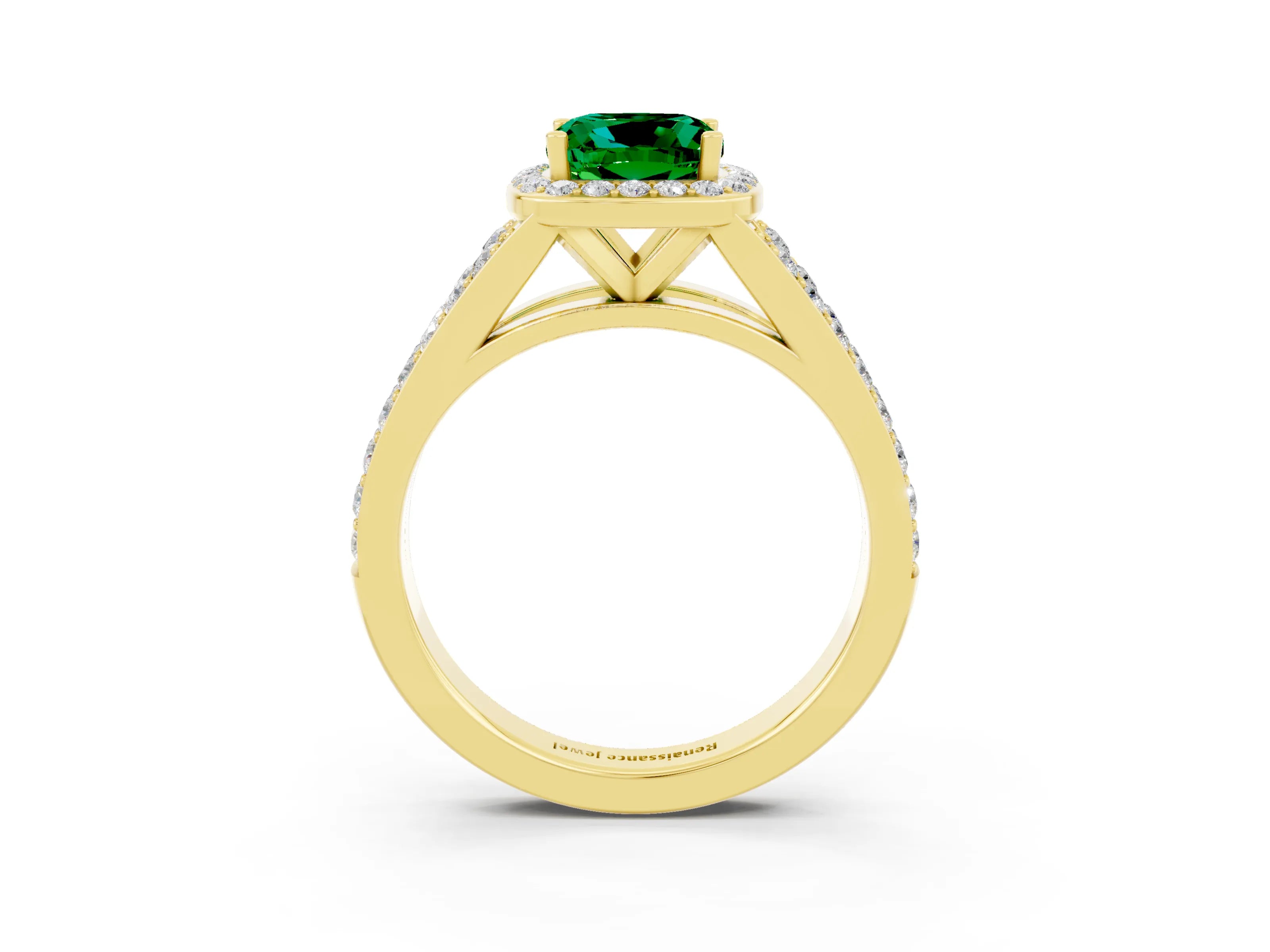 Yellow gold Cushion Cut Emerald Split Shank Halo Ring with Four-Prong Setting_15