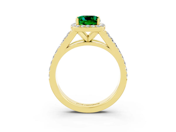 Yellow gold Cushion Cut Emerald Split Shank Halo Ring with Four-Prong Setting