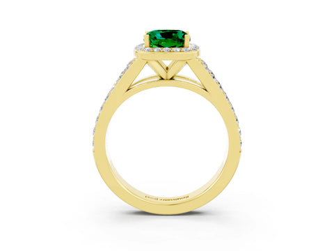 Yellow gold Cushion Cut Emerald Split Shank Halo Ring with Four-Prong Setting_15