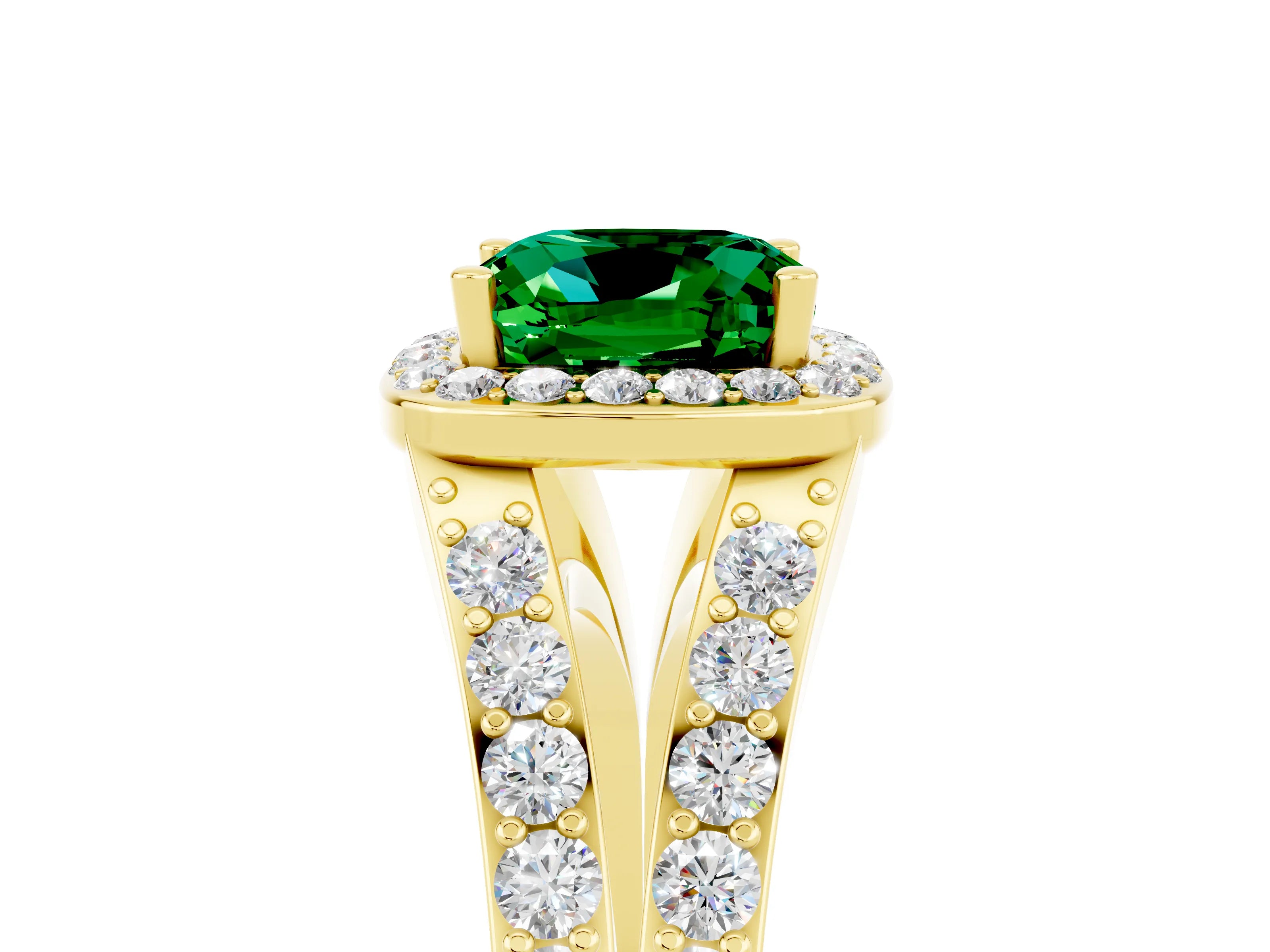 Yellow gold Cushion Cut Emerald Split Shank Halo Ring with Four-Prong Setting_17