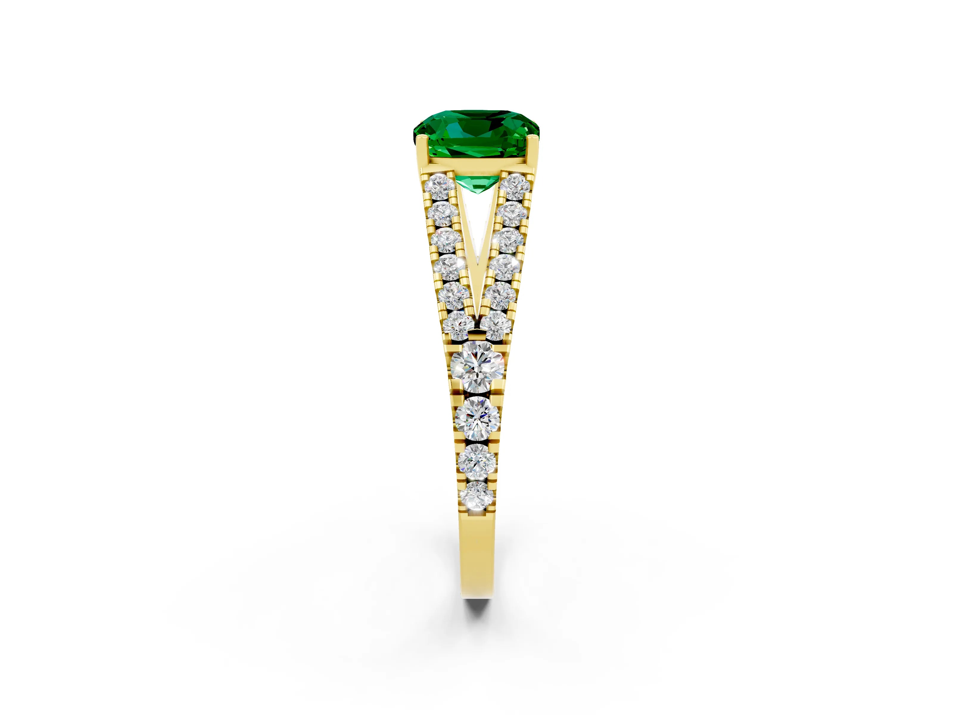 Yellow gold Cushion Cut Emerald Split Shank Pavé Engagement Ring with Four-Prong Setting_14