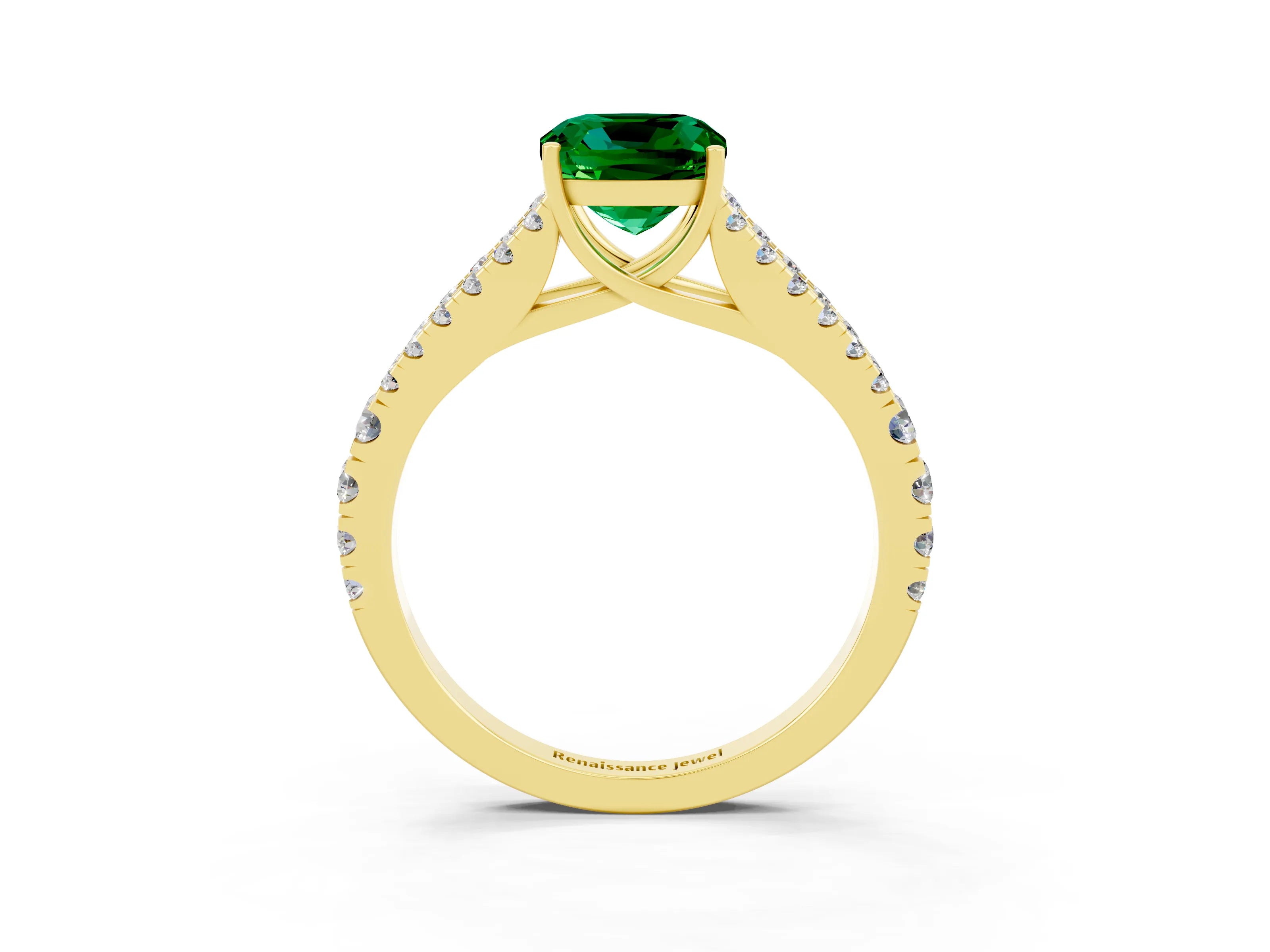 Yellow gold Cushion Cut Emerald Split Shank Pavé Engagement Ring with Four-Prong Setting_15