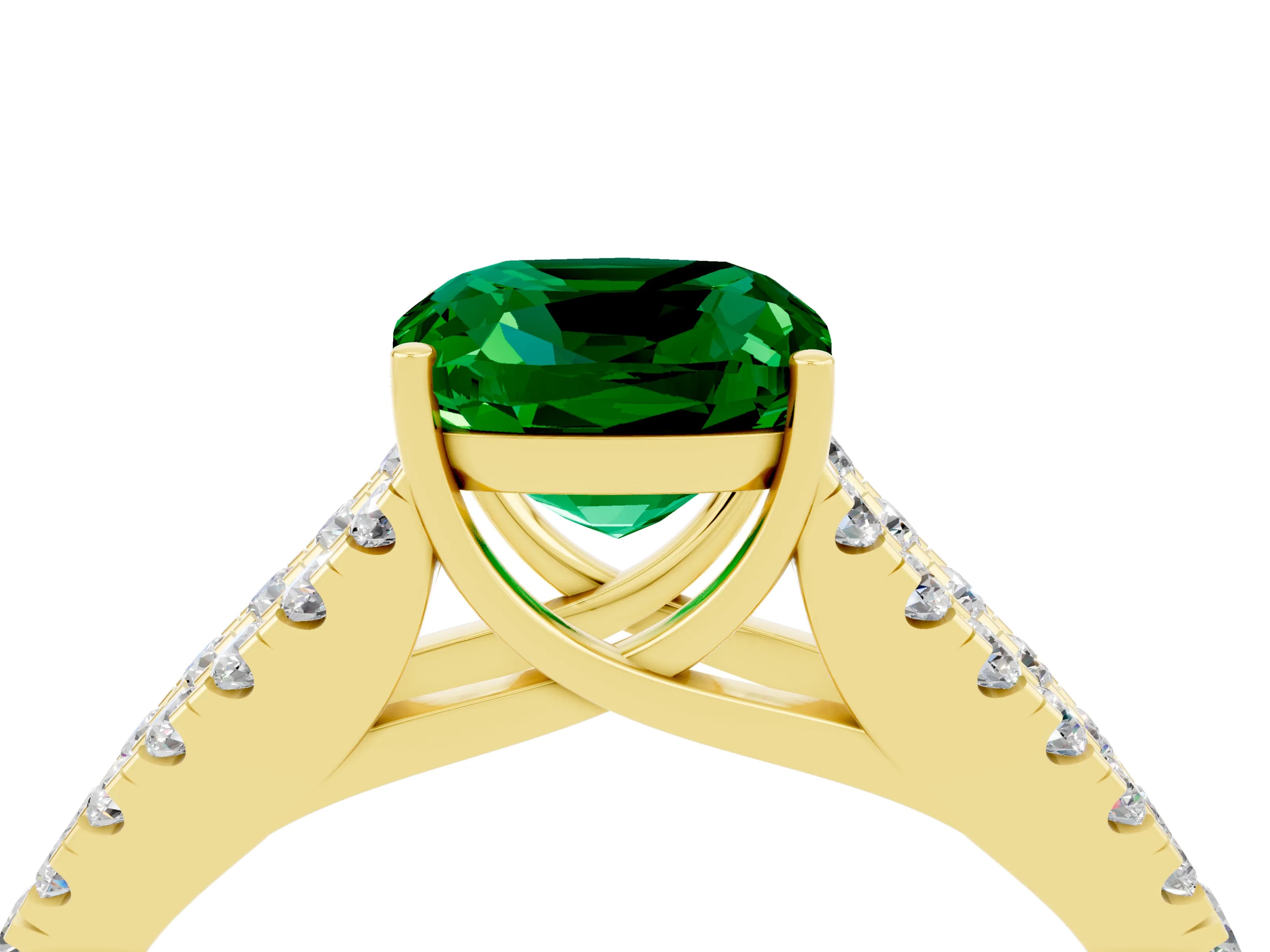 Yellow gold Cushion Cut Emerald Split Shank Pavé Engagement Ring with Four-Prong Setting_16