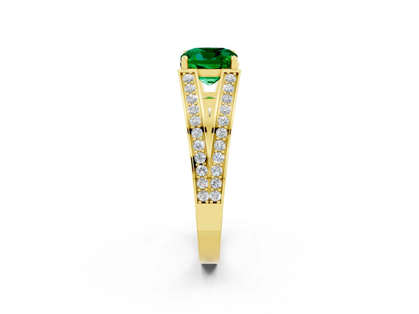 Yellow gold Cushion Cut Emerald Split Shank Ring with Pavé Band and Four-Prong Setting