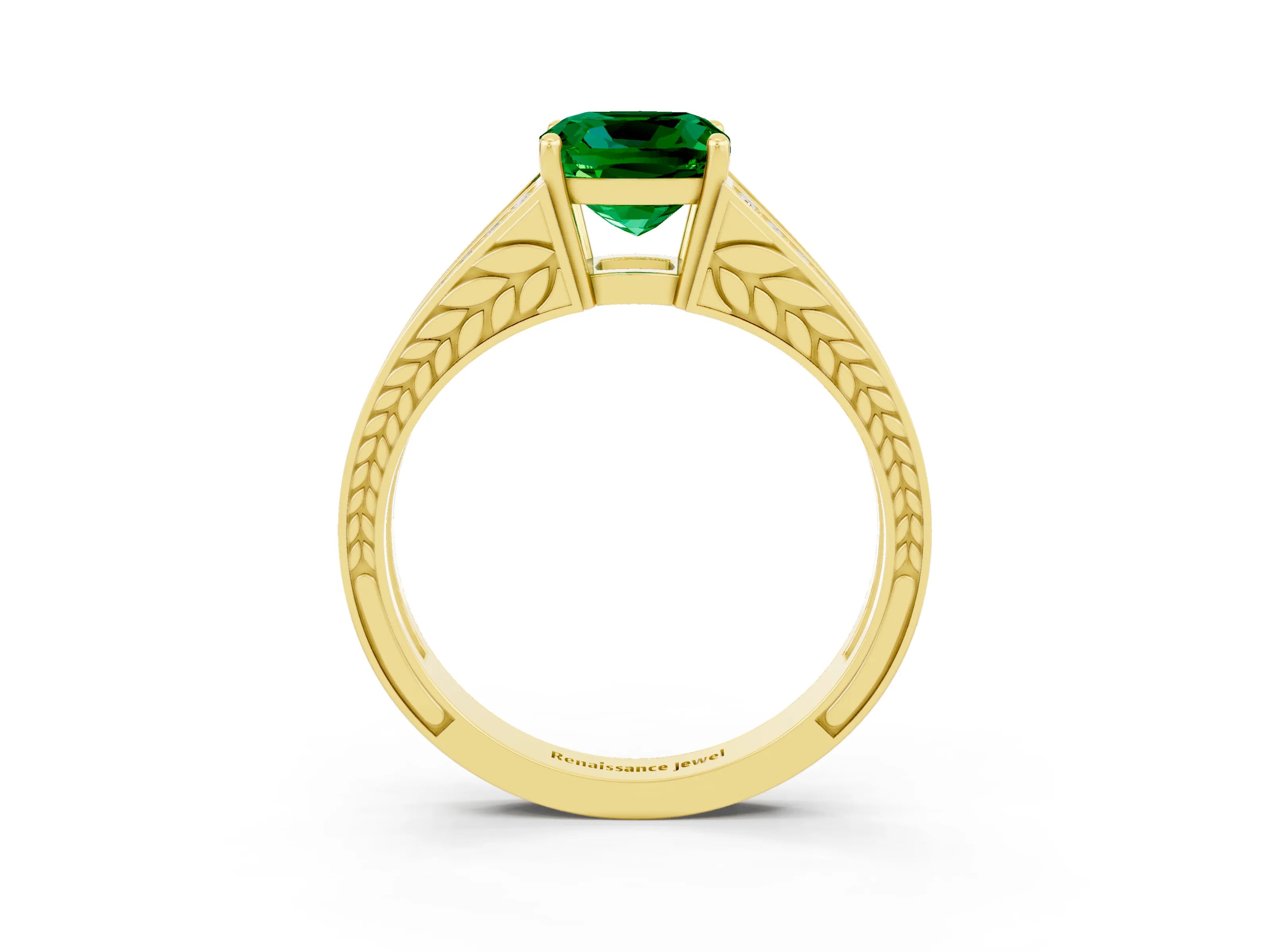Yellow gold Cushion Cut Emerald Split Shank Ring with Pavé Band and Four-Prong Setting_3
