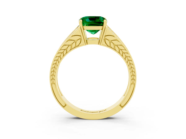 Yellow gold Cushion Cut Emerald Split Shank Ring with Pavé Band and Four-Prong Setting