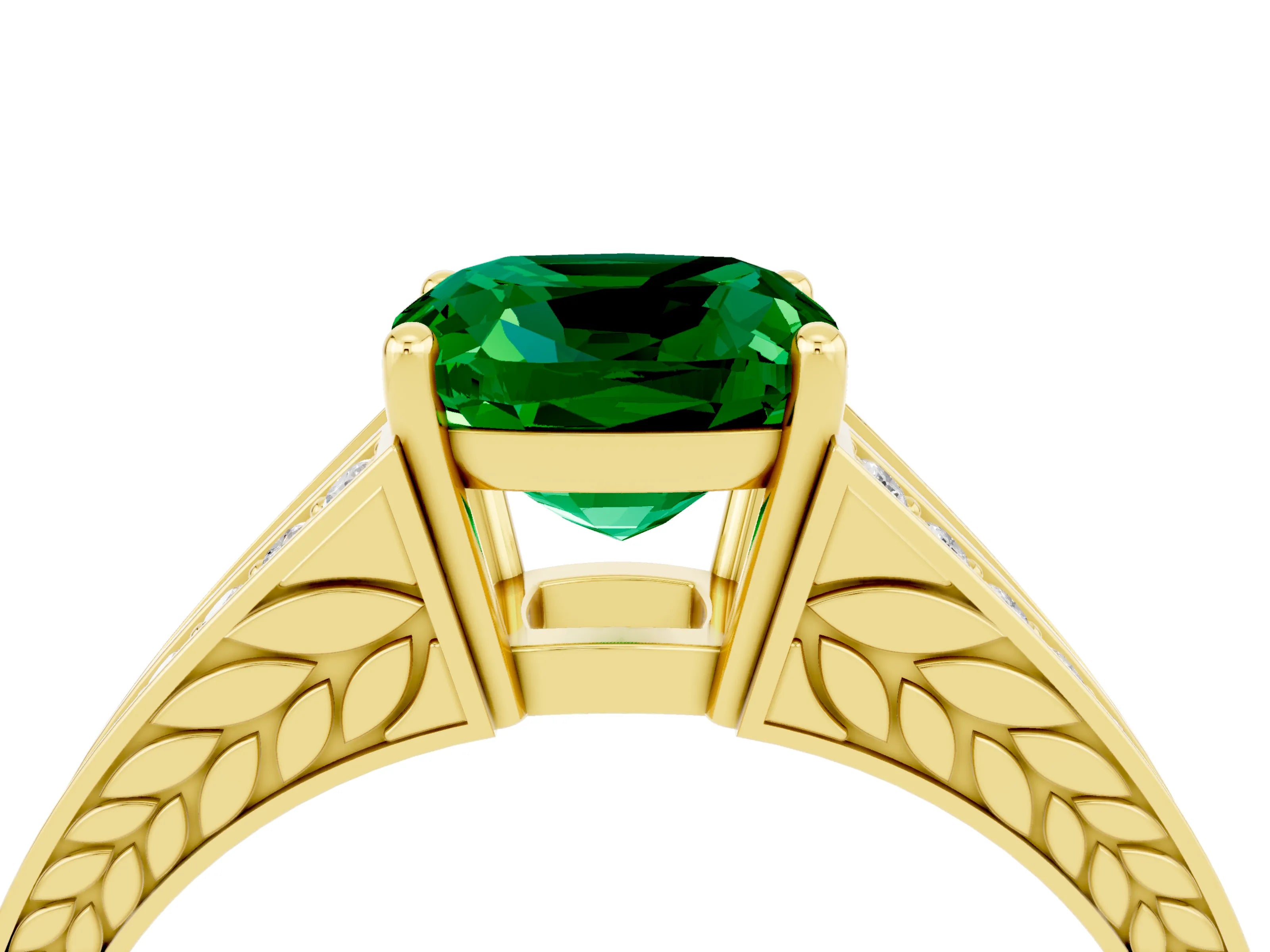 Yellow gold Cushion Cut Emerald Split Shank Ring with Pavé Band and Four-Prong Setting_4