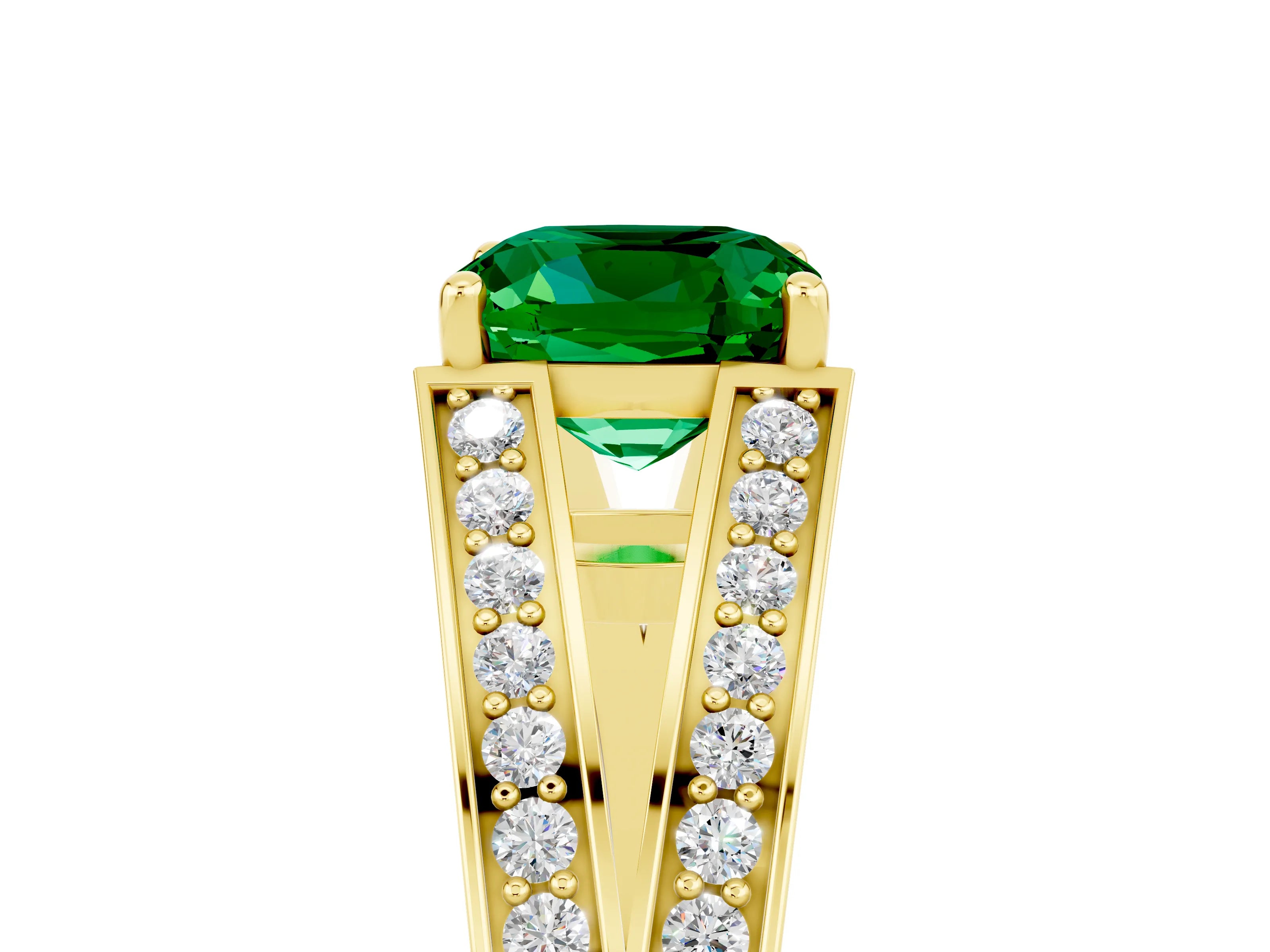 Yellow gold Cushion Cut Emerald Split Shank Ring with Pavé Band and Four-Prong Setting_5