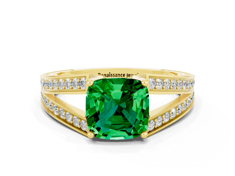 Yellow gold Cushion Cut Emerald Split Shank Ring with Pavé Band and Four-Prong Setting