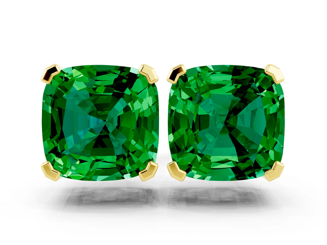 10K Yellow Gold 0.64 Carat Cushion Emerald Stud Earrings