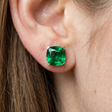 10K Yellow Gold 3.97 Carat Cushion Emerald Stud Earrings