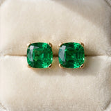 10K Yellow Gold 0.64 Carat Cushion Emerald Stud Earrings