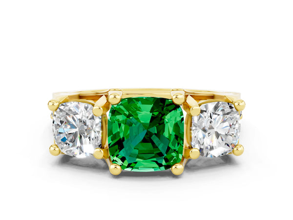 Yellow gold Cushion Cut Emerald Three-Stone Ring with Channel Set Band and Four-Prong Setting