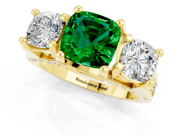 Yellow gold Cushion Cut Emerald Three-Stone Ring with Channel Set Band and Four-Prong Setting