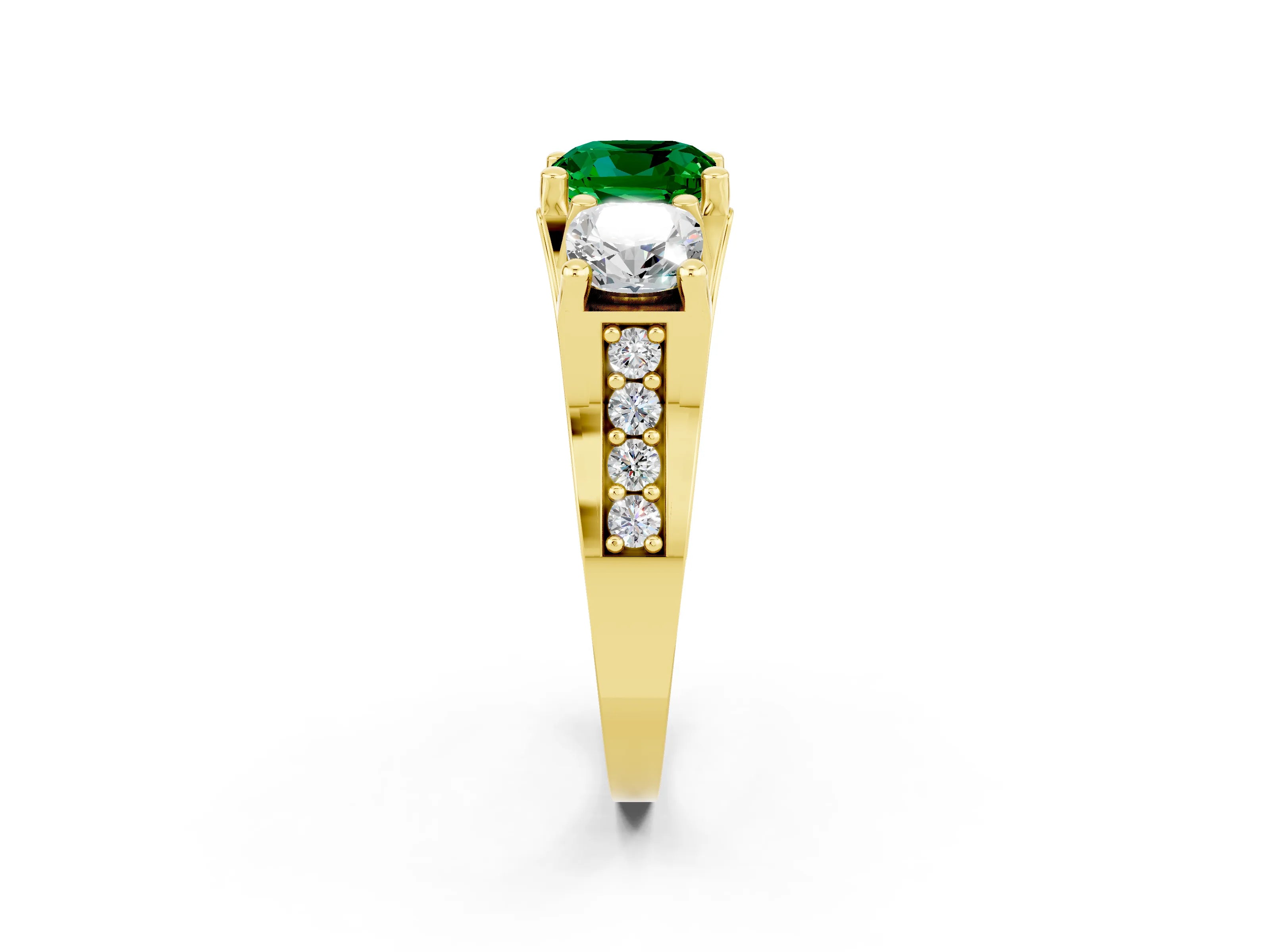 Yellow gold Cushion Cut Emerald Three-Stone Ring with Channel Set Band and Four-Prong Setting_2