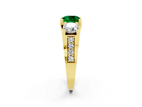 Yellow gold Cushion Cut Emerald Three-Stone Ring with Channel Set Band and Four-Prong Setting_2