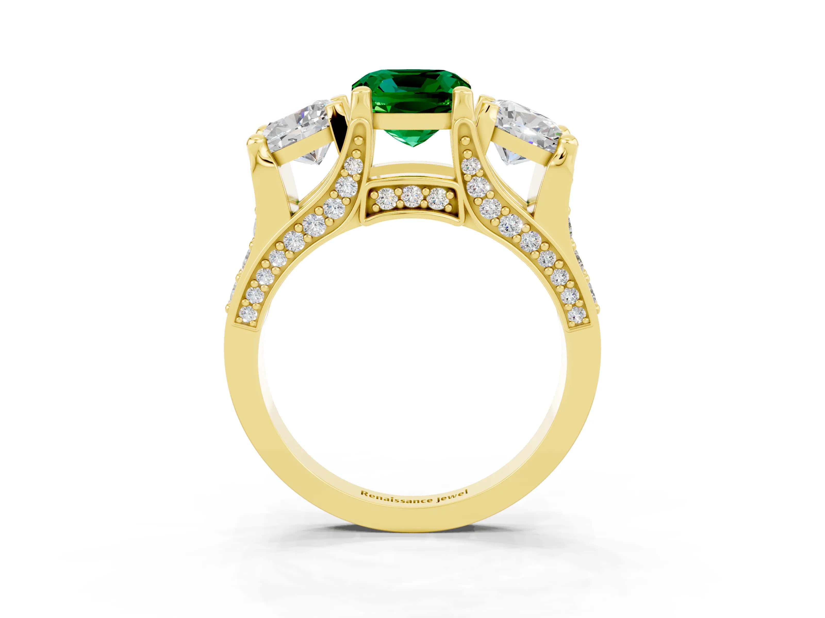 Yellow gold Cushion Cut Emerald Three-Stone Ring with Channel Set Band and Four-Prong Setting_3