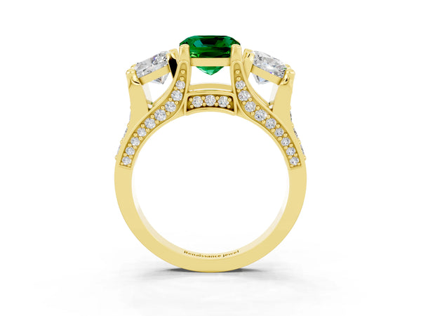 Yellow gold Cushion Cut Emerald Three-Stone Ring with Channel Set Band and Four-Prong Setting