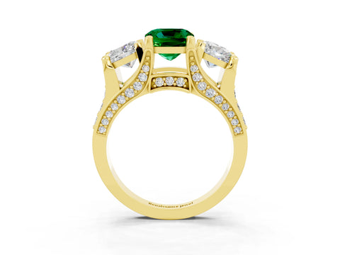 Yellow gold Cushion Cut Emerald Three-Stone Ring with Channel Set Band and Four-Prong Setting_3