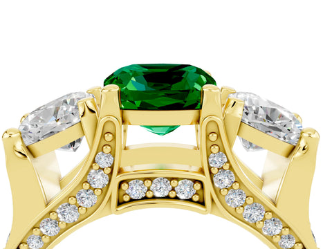 Yellow gold Cushion Cut Emerald Three-Stone Ring with Channel Set Band and Four-Prong Setting_4