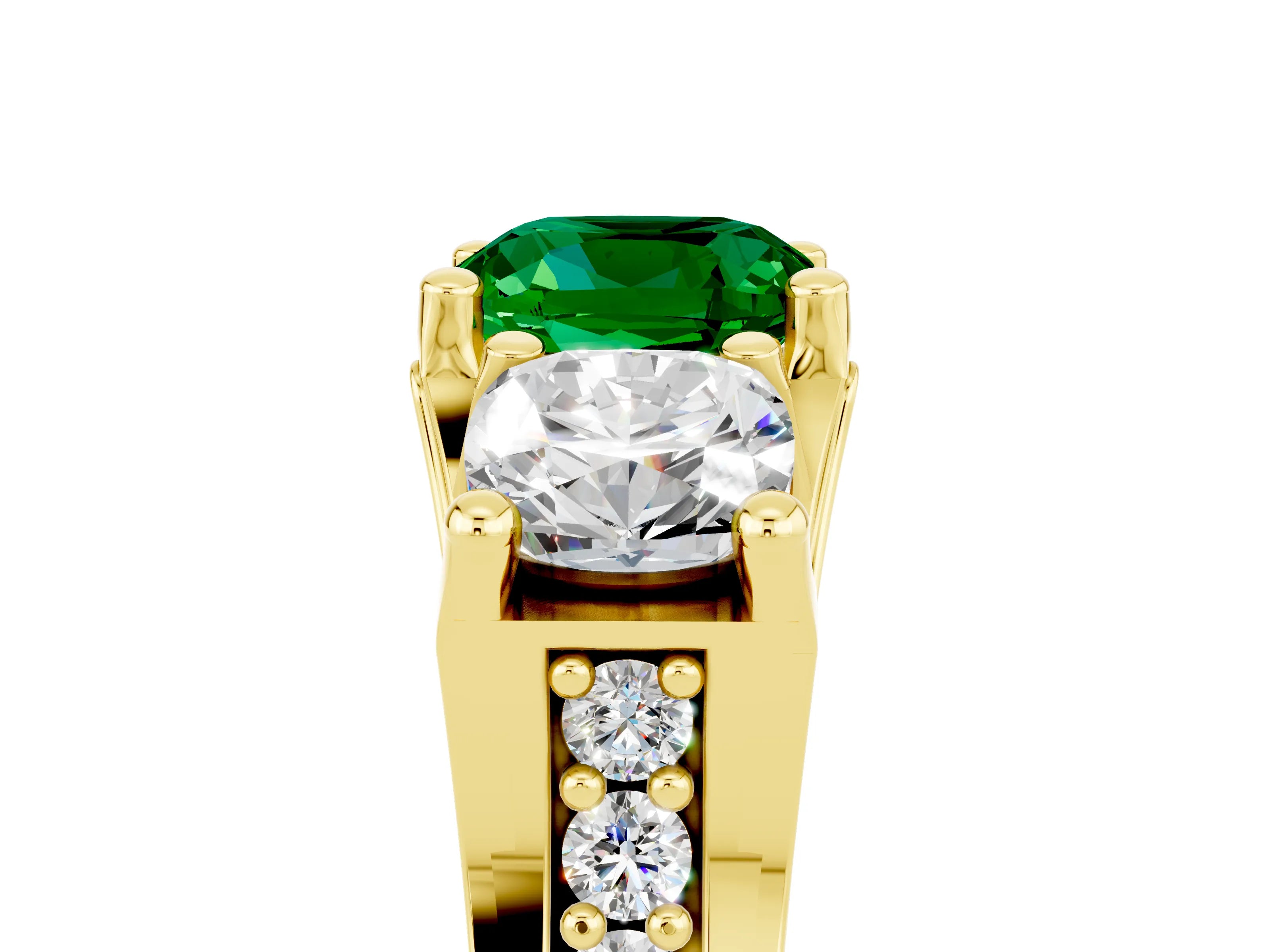 Yellow gold Cushion Cut Emerald Three-Stone Ring with Channel Set Band and Four-Prong Setting_5