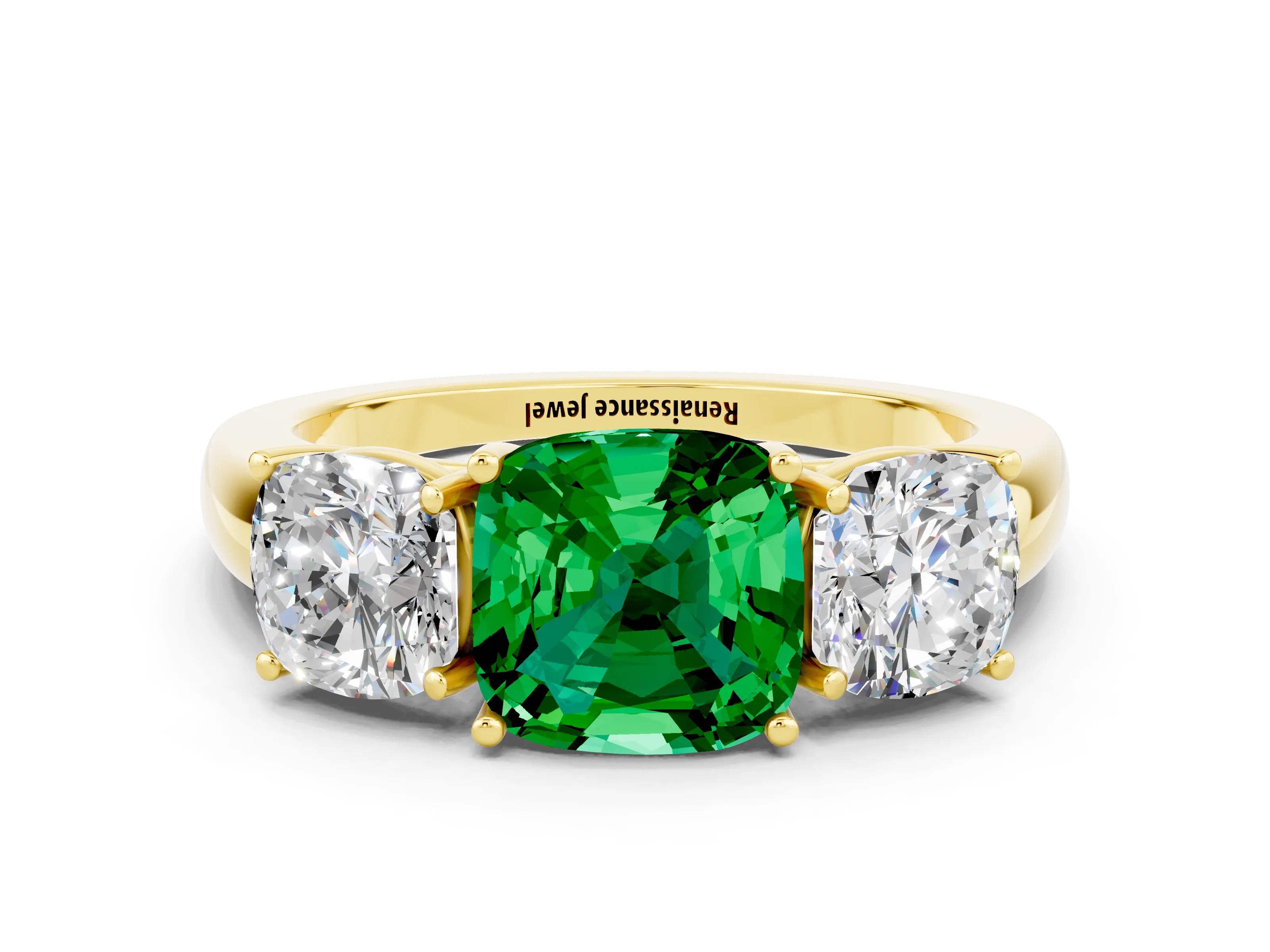 Yellow gold Cushion Cut Emerald Three-Stone Ring with Four-Prong Setting and Classic Band