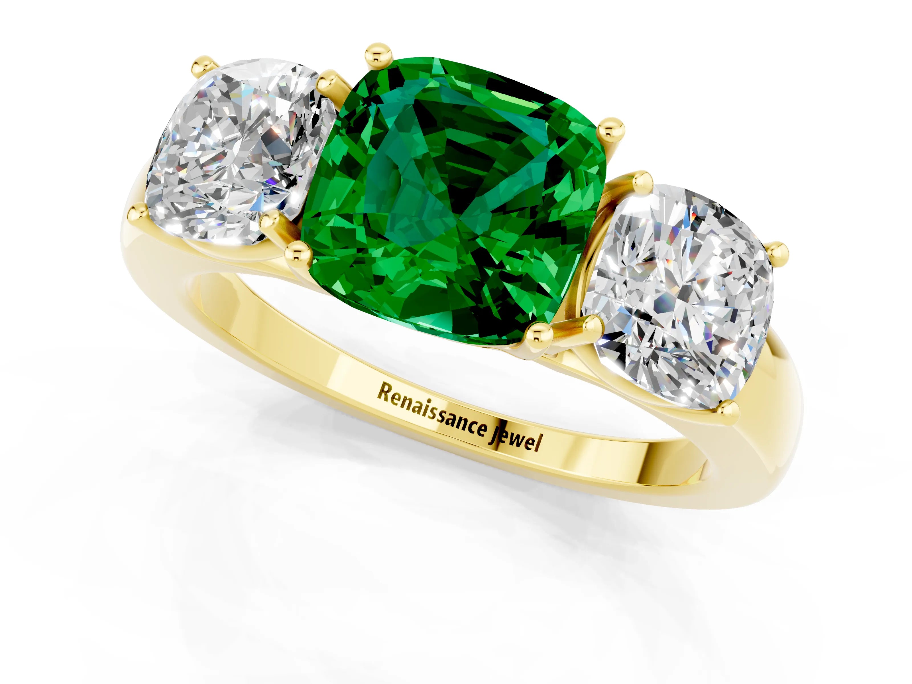 Yellow gold Cushion Cut Emerald Three-Stone Ring with Four-Prong Setting and Classic Band_1