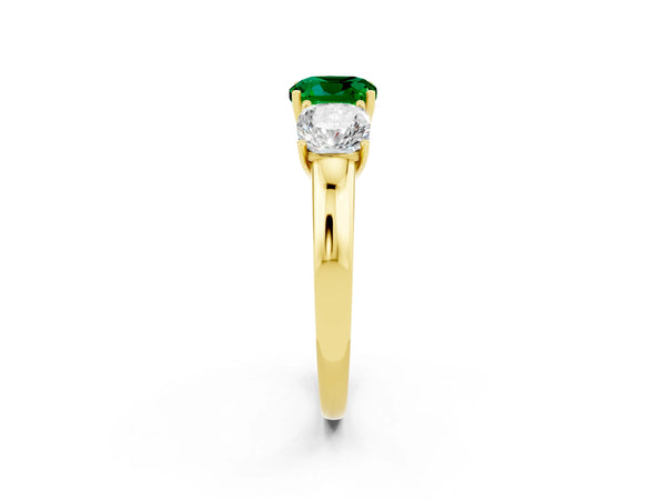 Yellow gold Cushion Cut Emerald Three-Stone Ring with Four-Prong Setting and Classic Band