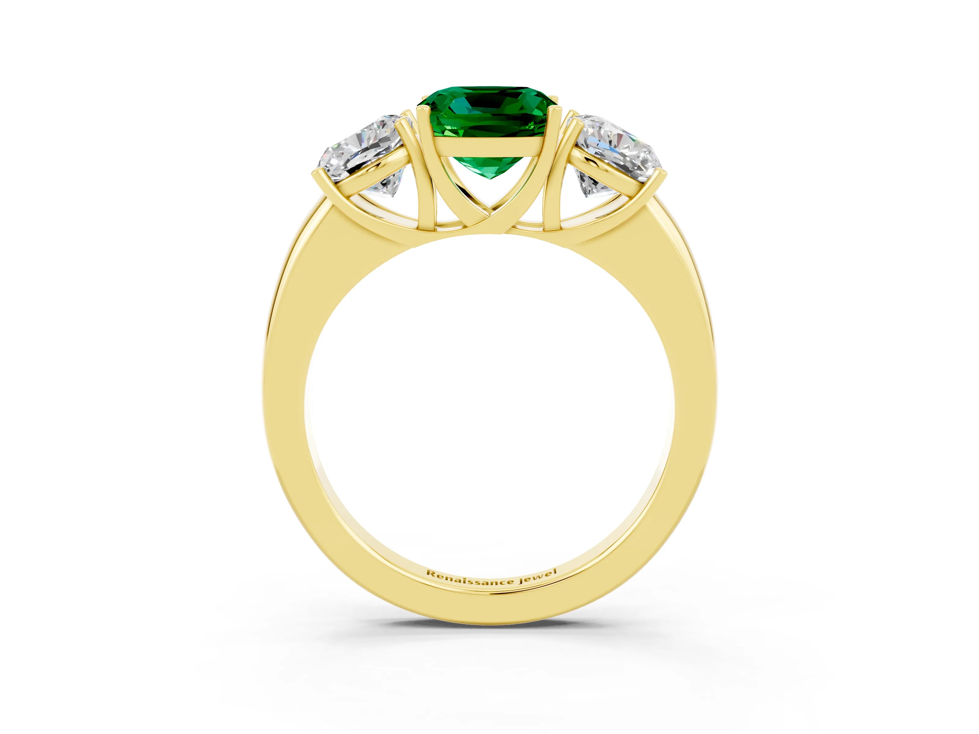Yellow gold Cushion Cut Emerald Three-Stone Ring with Four-Prong Setting and Classic Band_3