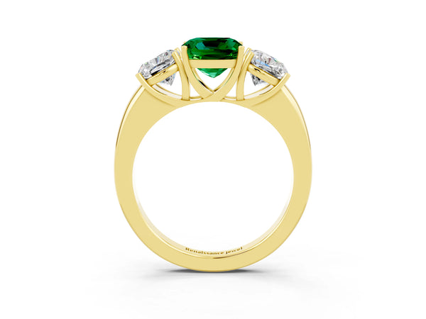 Yellow gold Cushion Cut Emerald Three-Stone Ring with Four-Prong Setting and Classic Band