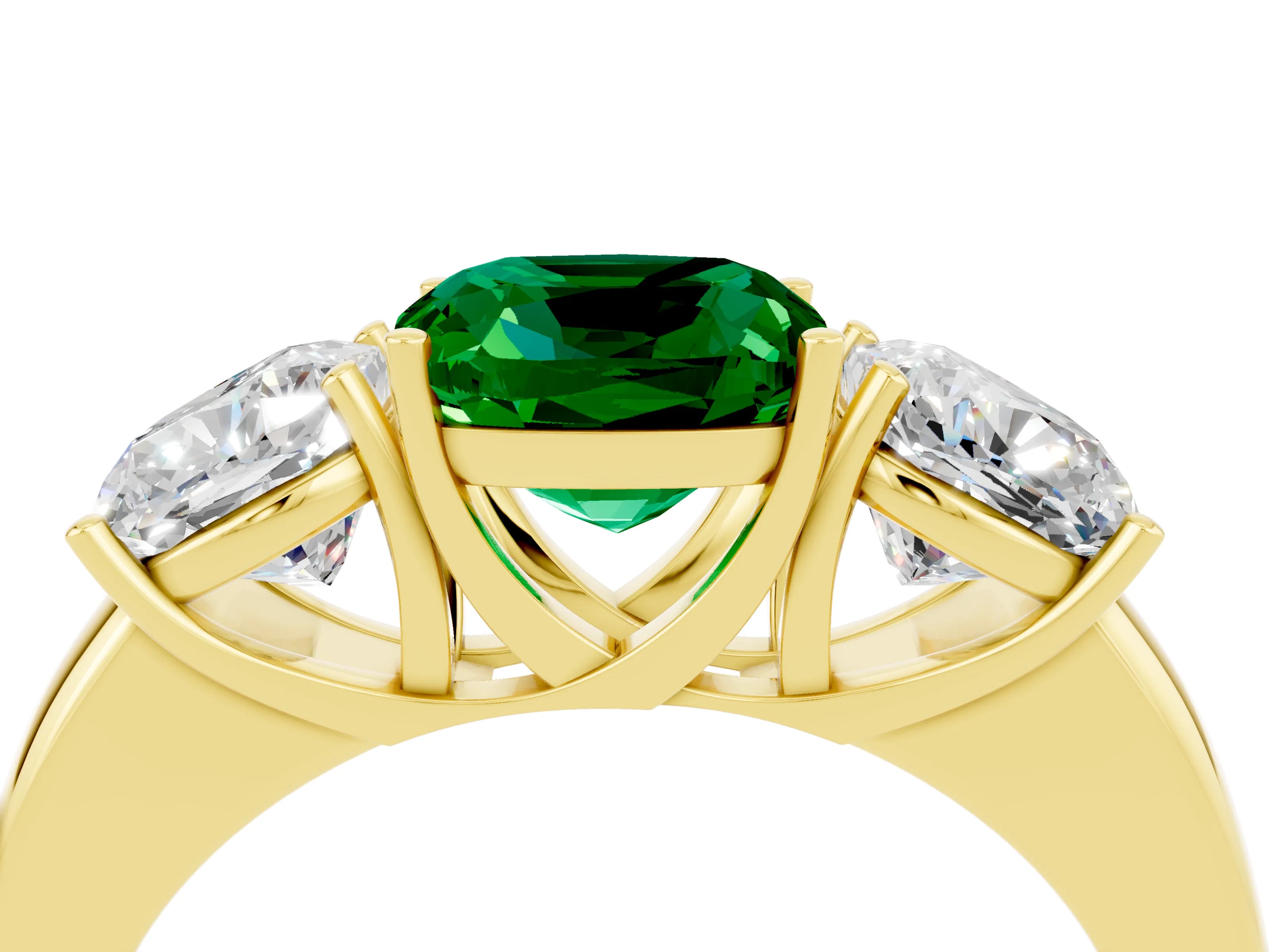 Yellow gold Cushion Cut Emerald Three-Stone Ring with Four-Prong Setting and Classic Band_4