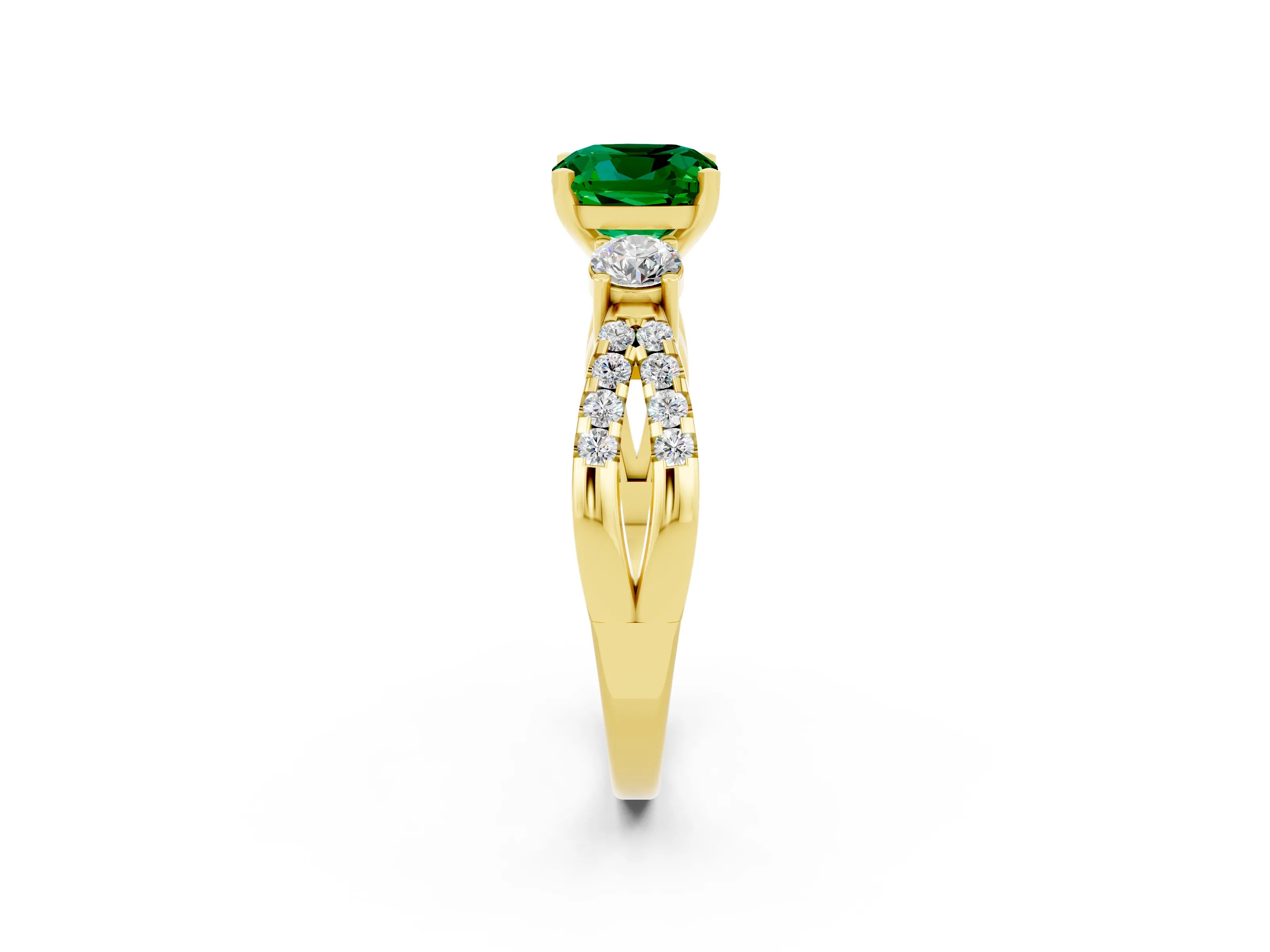 Yellow gold Cushion Cut Emerald Three-Stone Ring with Pavé Split Shank and Four-Prong Setting_14