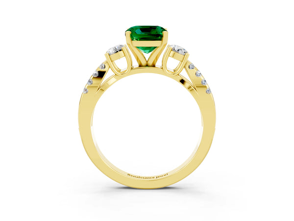 Yellow gold Cushion Cut Emerald Three-Stone Ring with Pavé Split Shank and Four-Prong Setting