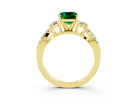 Yellow gold Cushion Cut Emerald Three-Stone Ring with Pavé Split Shank and Four-Prong Setting_15