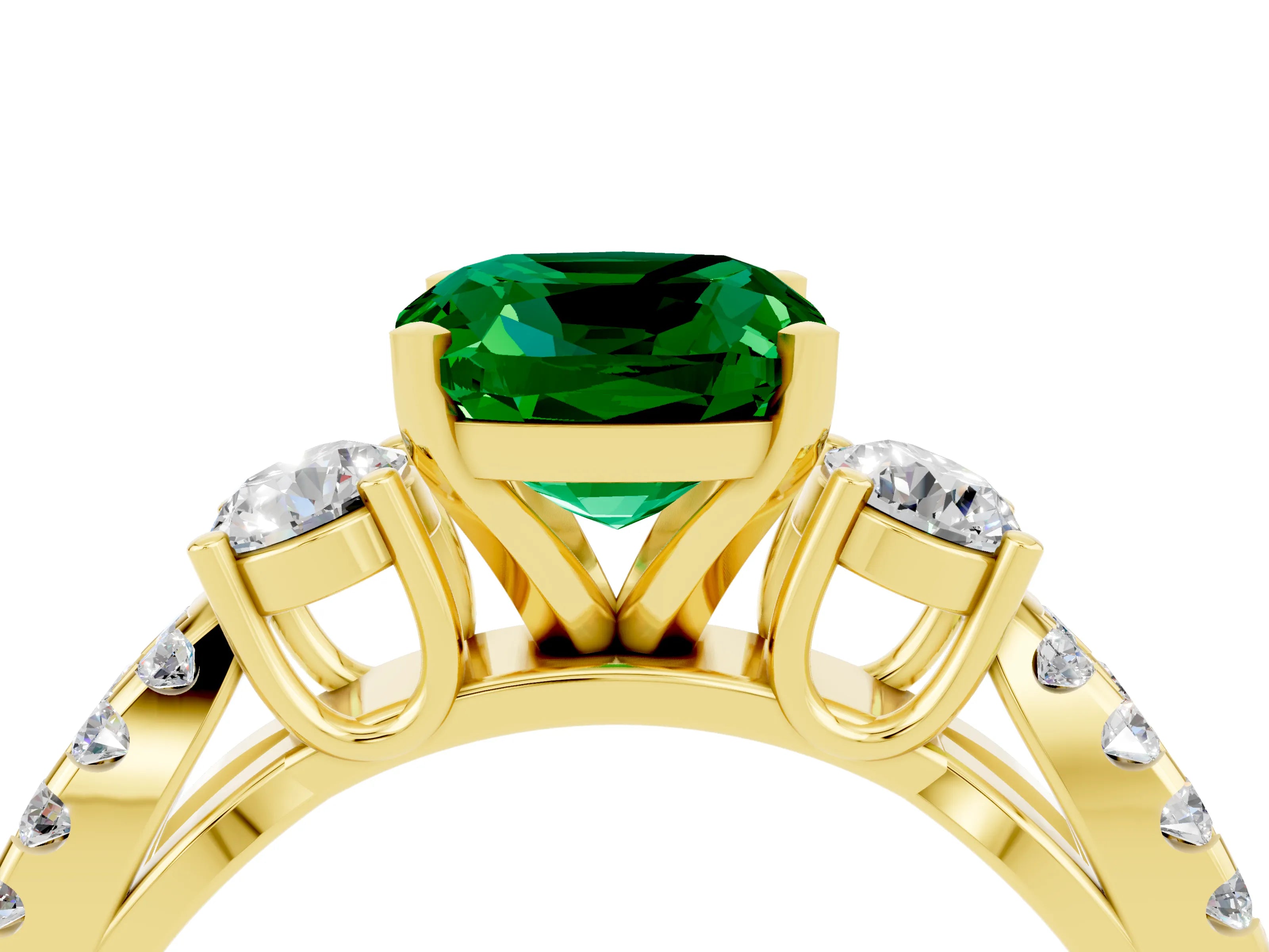 Yellow gold Cushion Cut Emerald Three-Stone Ring with Pavé Split Shank and Four-Prong Setting_16