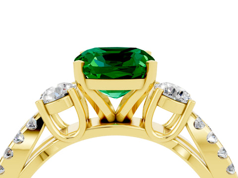 Yellow gold Cushion Cut Emerald Three-Stone Ring with Pavé Split Shank and Four-Prong Setting_16