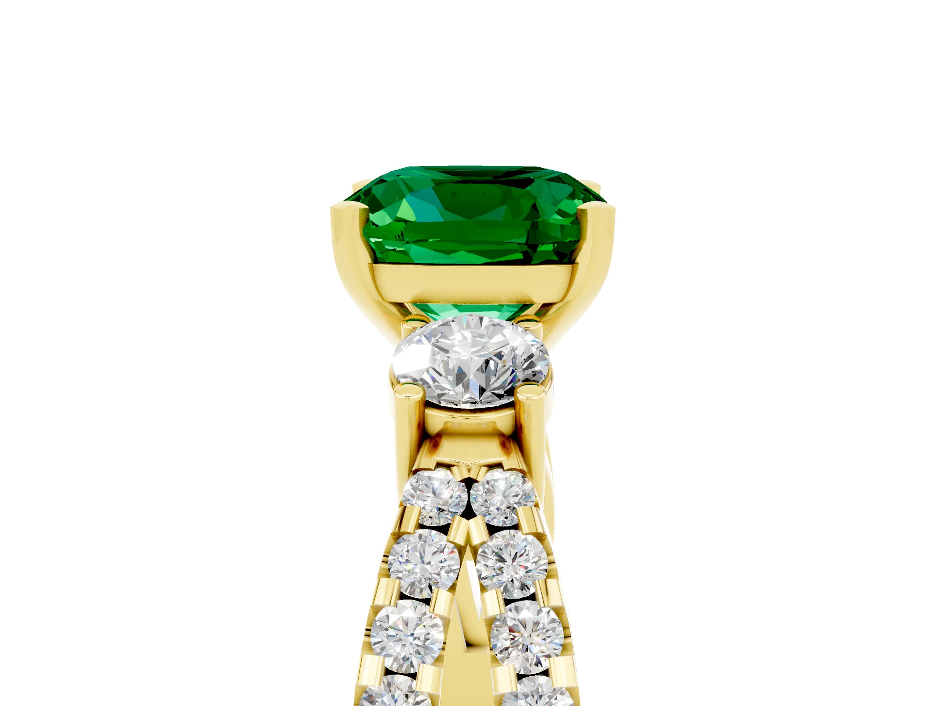 Yellow gold Cushion Cut Emerald Three-Stone Ring with Pavé Split Shank and Four-Prong Setting_17