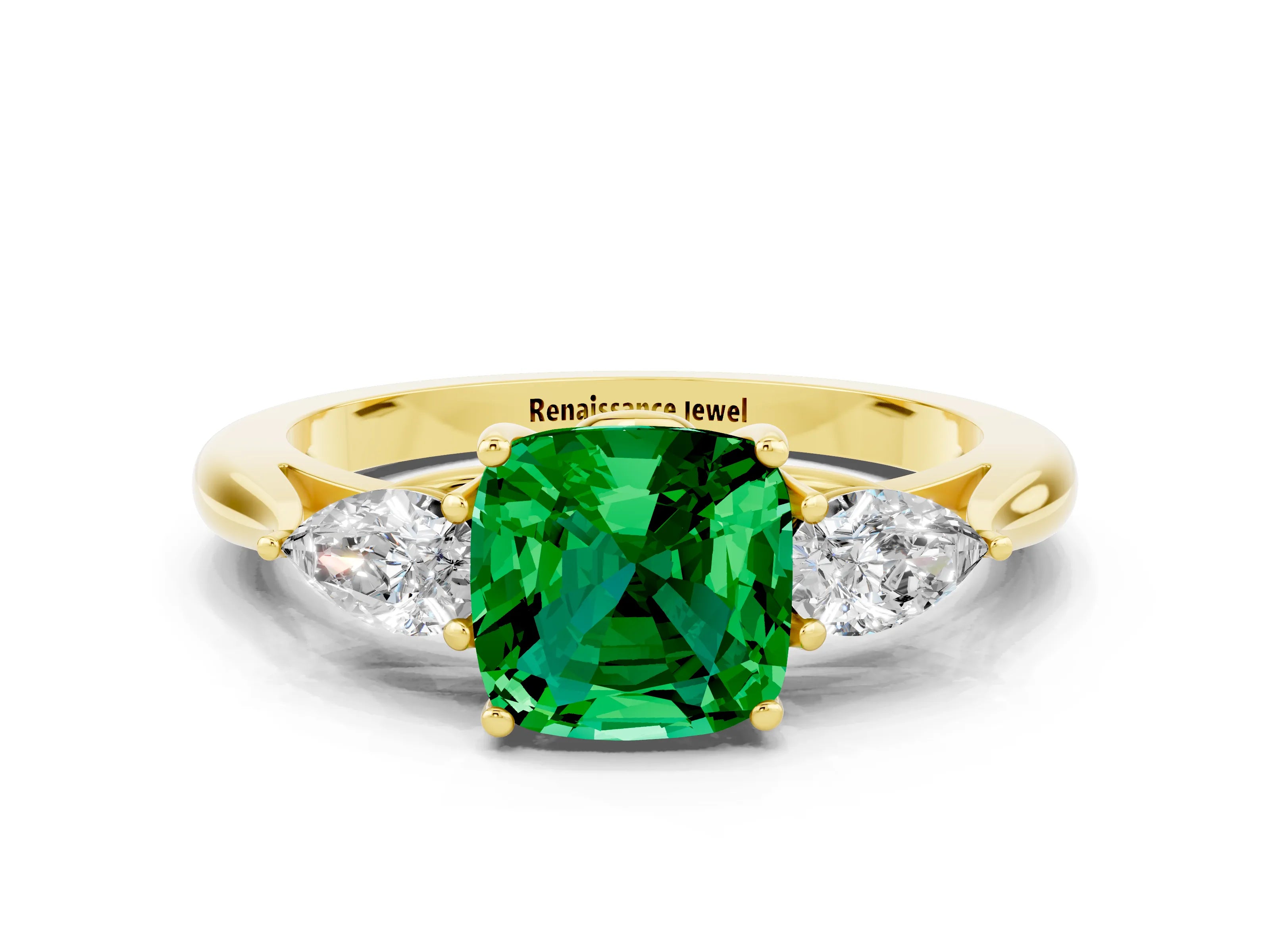 Yellow gold Cushion Cut Emerald Three-Stone Ring with Pear Side Stones and Four-Prong Setting_12