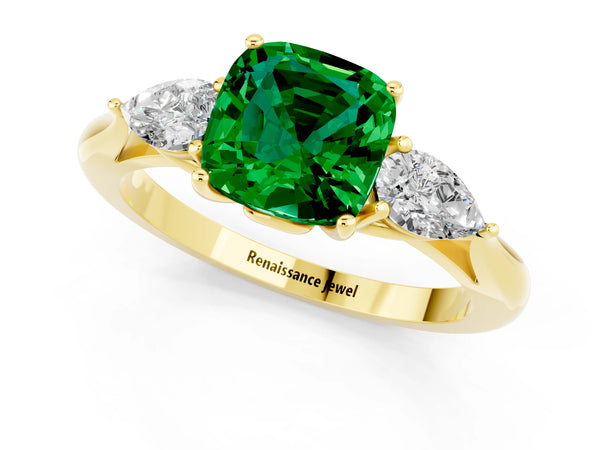 Yellow gold Cushion Cut Emerald Three-Stone Ring with Pear  Side Stones and Prong Setting