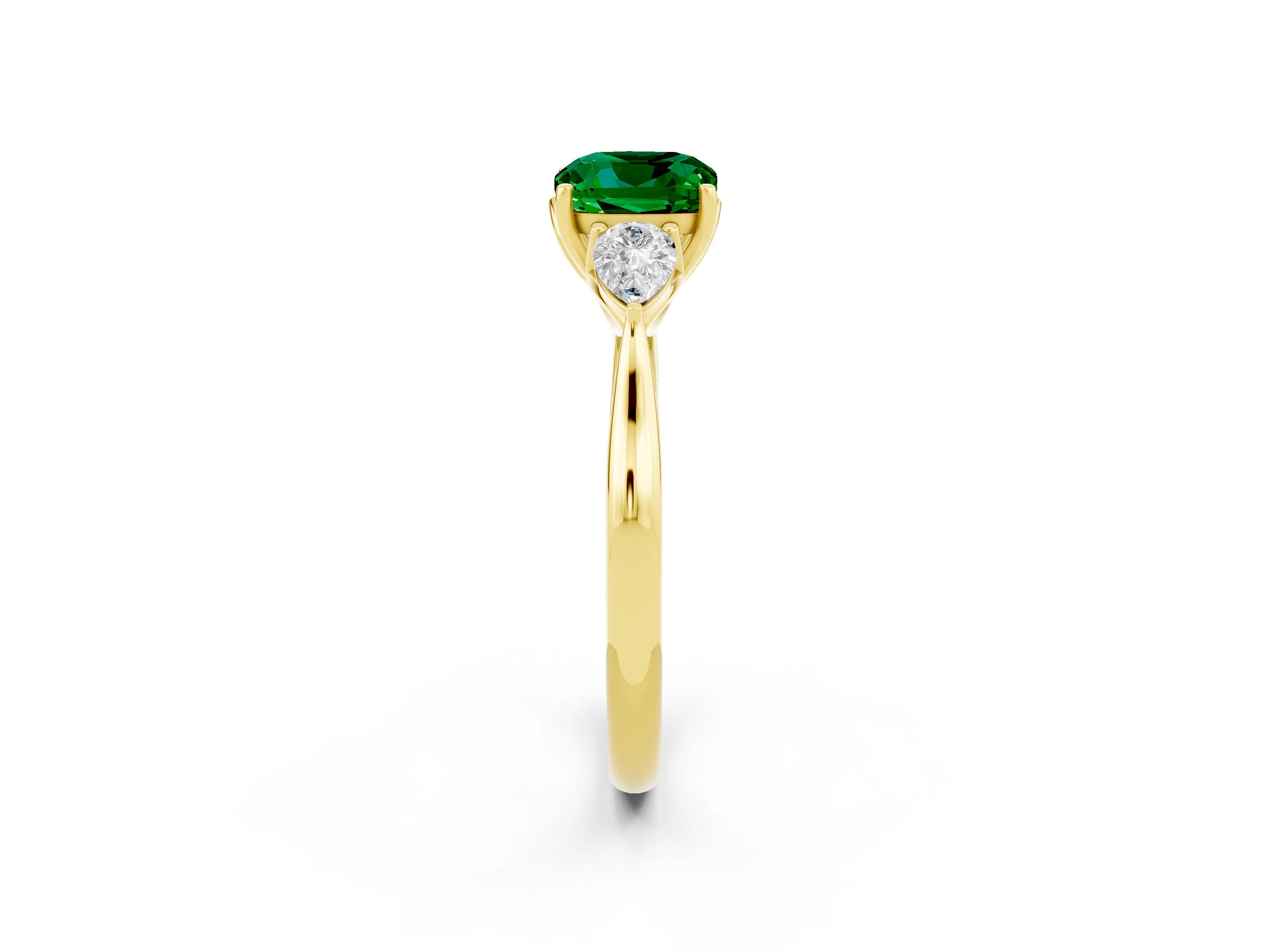 Yellow gold Cushion Cut Emerald Three-Stone Ring with Pear Side Stones and Four-Prong Setting_14